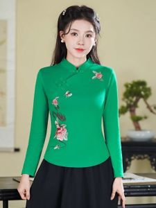 เสื้อยืดคอกลมแขนยาวผ้าฝ้ายปักลายสไตล์ชาติพันธุ์สำหรับผู้หญิง ฤดูใบไม้ผลิ 2025 เสื้อเชิ้ตคอกลมทรงหลวมสำหรับใส่ทำงาน