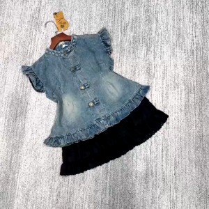 LS_Set áo Jean Quảng Châu nút đồng áo tay cánh tiên bèo mix chân váy ren xoè tầng ngắn