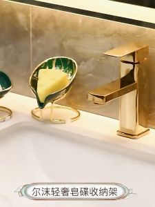Luxury ceramic soap box double layer holder with gold accents inscription suitable for bathroom use.