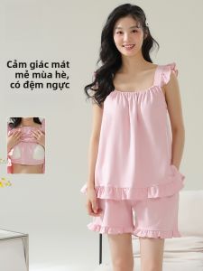 MiiOW | Áo ngủ cotton nguyên chất mùa hè cho nữ Áo ngủ cotton thoáng khí có đệm ngực Áo ngủ mặc ở nhà có thể mang ngoài trời Bộ đồ ngủ hai mảnh