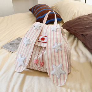 Cute Rabbit Ear Striped Canvas Shoulder Bag Korean Style Vertical Stripe Makeup Bag for College Students Lightweight Foldable