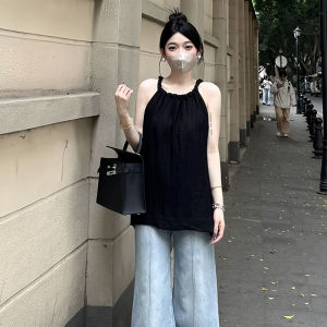 plus Size Black Hanging Neck Vest Womens Inner Wear Outerwear Summer Loose Meat Concealing Sleeveless Top Princess Style Commute Loose Fit