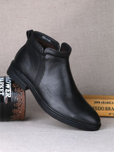Mens Cotton Leather Boots Winter Warm Fleece Lined Full Grain Cowhide Casual High Top Business Zipper Short Boots