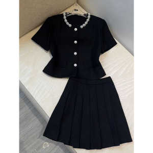 European Goods Classic Style Black Socialite Elegant Slimming Slim Fit Pull Cool Suit Female Summer Fancy Pleated Skirt Two-piece Set