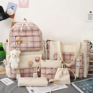 New Style Checked Primary School Student Schoolbag Female Korean Version Trendy Large-Capacity Backpack Campus Five-Piece