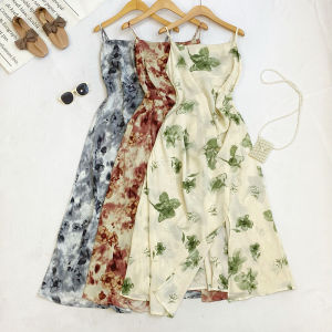 Beach Vacation Style Floral Print High Waist Midi Dress Womens Sleeveless Gown Slit Design Korean Style Spring Summer New Arrivals