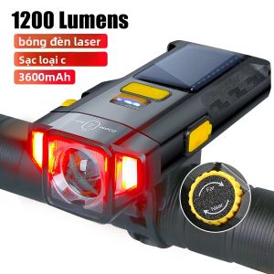 Đèn Xe Đạp Năng Lượng Mặt Trời Có Thể Sạc Lại USB 3600mAh Hiển Thị Công Suất MTB Đèn Trước Xe Đạp Đường Núi Có Đèn Pin Cảnh Báo IPX6 Chống Nước