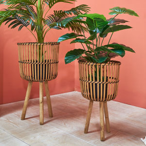Ji Ji Feng Retro Rattan Balcony Flower Stand B & B Woven Solid Wood Green Plant Flower Pot Living Room Garden Floor Ornaments