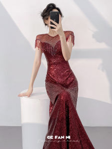 Luxury Elegance Red Beaded Evening Dress