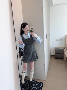 Autumn Plaid Polka Dot Dress And Blouse Set Womens Fashion College Style Clothing Short Sleeve Long Sleeve round Neck Polo Neck