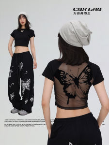 CBXLAB Street Dance Trendy Black Thin Backless Short Sleeve Womens American Jazz Dancing Slim Kpop Top Summer Cotton Polyester Blend