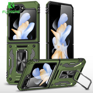 FLOVEME Armor With Ring Holder Folding Phone Case For Samsung Galaxy Z Flip 5 5G Drop Protection All-inclusive Hard PC Anti-fall Shockproof Back Cover For Galaxy Z Flip 5