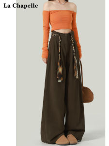 La Chapelle Brown Wide Leg Casual Pants Womens Sport Straight Tube Pants Autumn Winter Small Size High Waist Knitted Cotton