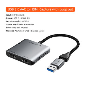 Cabletimes | CABLETIME 4K 30Hz USB 3.0 Video Capture Card to HDMI Capture with Loop Out for USB Gaming PS5 Switch Video Streaming