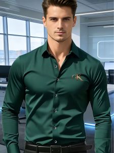 Mens Premium Business Casual Shirt Word Logo Print Slim Fit Long Sleeve Wrinkle Resistant Dress Shirt Multi Styles Available