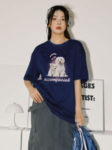 Áo Thun Cotton Mùa Hè in Hình Chó Tay Ngắn Dáng Rộng Màu Xanh Lam Phong Cách Mới 2025 Cho Nữ