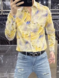 Autumn 2025 Mens Slim Fit Long Sleeve Shirt Floral Print Digital Printing Fashionable Casual Business Dress Shirt