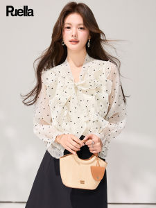 puella | French Lace Ruffle Polka Dot Chiffon Long Sleeve Shirt