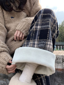 กางเกงขายาวทรงตรงเอวสูงผ้าขนสัตว์บุขนแกะฤดูใบไม้ร่วงและฤดูหนาวสำหรับผู้หญิง กางเกงขายาวทรงหลวมทรงหลวมสไตล์ย้อนยุค