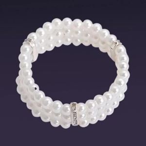 Velishy | Women Jewelry Gift Three‑Row Pearl Rhinestone Bangle Elastic Multilayer Beaded Simulated Pearl Bracelet