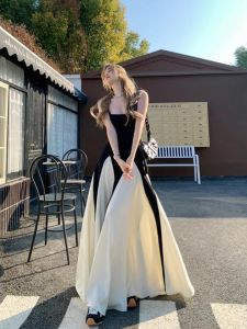 Elegant Black White Splicing Embossed Camellia Summer Spring Long Dress Womens Fashion Design Sensation Commute High Waist A-Line Gown