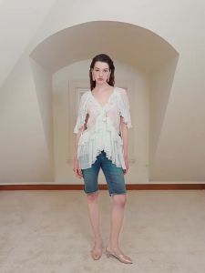 Cello Sonata | Green Lace Elegant Flounce Sleeve Top