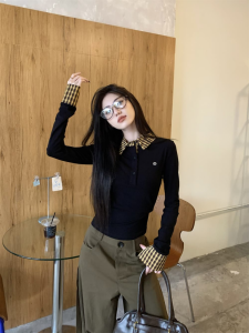 Kaos Wanita Lengan Panjang Kerah POLO Ramping Atasan Palsu Dua Potong