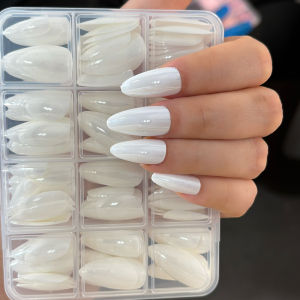 144Pcs/Box Glossy White Pearlscent Press On Nail Long Almond Full Cover Fake Nails Tip Simple Wearable Acrylic False Nail Tips T