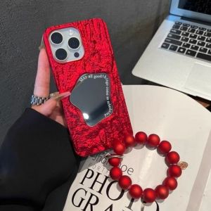  15 pro Max New Year Red Rock Pattern Mirror Surface Protective Case Womens Style with Selfie Mirror Anti-Fall Silicone Shell