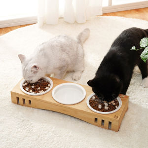 Ceramic Cat Bowl Double Stainless Steel Dog Bowl Slope Neck Protection Wood Bowl Stand Dining Table Cat Supplies Water Bowl