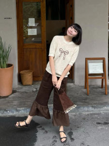 French Vintage Coffee Splicing High Waist Bell Bottom Pants Early Autumn Commute Slimming Casual Narrow Version Wide Leg Pants Women