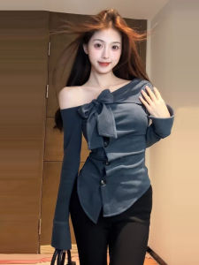 XIAOBAWANG French Style Asymmetrical Long Sleeve One Shoulder Butterfly Knot Womens T-shirt Slimming Base Shirt for Autumn