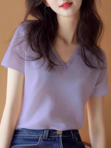 Elegant Korean Style Short Sleeve V-Neck T-Shirt Womens Summer Fashionable Unique Purple Color Beautiful Personality Top