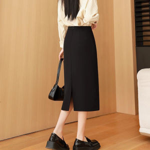 YINLIANHU | Black Straight Business Skirt Wrap Front Pencil Skirt