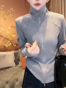 Stylish Casual High Collar Zipper Cardigan T Shirt Womens Slim Fit Fashionable Top Korean Style Long Sleeve Cotton Winter
