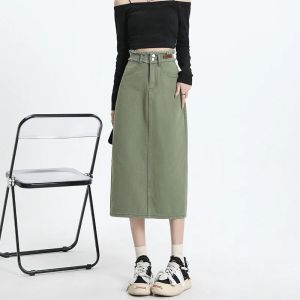 Váy Denim Ôm Dáng Nữ 100% Cotton Kiểu Dáng Chữ A Dài Che Hông Màu Hồng Kaki Xanh Lá Mùa Hè Thời Trang Nữ