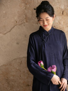 New Spring Design Pure Color Silk Cotton Cheongsam Top Loose Womens Fashion Retro Style Commute Long Sleeve Regular Length
