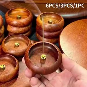 Round Wood Incense Burner Solid Wood With Brass Incense Holder For Home Tea Room Catch Ash Easily
