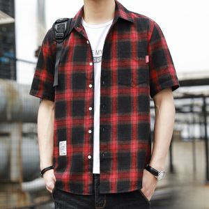 ROMON | Romon Mens Short Sleeve Shirt Casual Loose Fit Summer New Style Plaid Workwear Outerwear Fashionable Top For Youth