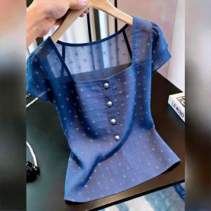 KUNAILIN | French Blue Dots Short Sleeve Stylish Commute-friendly Blouse