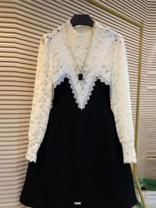 plus Size Fashionable Lace Splice Slimming Midi Dress High Collar Gown for Women Autumn New Style Ladylike Cotton Blend Dress