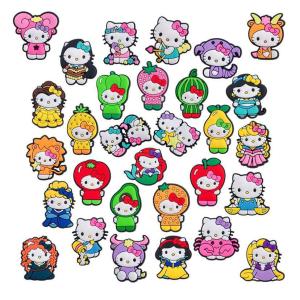 Mesuca | 30-100pcs Cute Hello Kitty for Shoe Charms PVC Shoe Accessories for Classic Clog Shoe Decoration Fit Wristband Kids Gifts