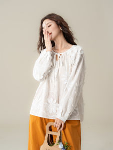SHANGWEILUO | French Style Slim Floral Embroidery Long Sleeve Shirt