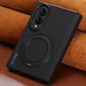 SUTENI Faux Leather Magnet Wireless Charging Phone Case 360° Rotating Metal Stand Ring Buckle Frosted Feel For Samsung Z Fold 8