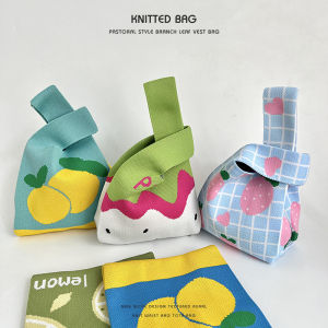 กระเป๋าถือผ้าถักลายผลไม้ใหม่ กระเป๋าใส่กล่องอาหารกลางวันสำหรับผู้หญิง กระเป๋าใส่ของขวัญแบบอเนกประสงค์ กระเป๋าใส่ของข้าวกล่อง