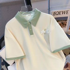 สีเขียว เสื้อโปโลสุนัข Flocking ผู้หญิง เสื้อยืดแขนสั้น ฤดูร้อน สดชื่นสไตล์วิทยาลัยต่อต้านริ้วรอย เรียบง่าย เสื้อท่อนบน Csvq