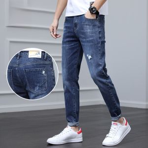 ROMON | Romon Mens Slim Fit Jeans Summer New Style Korean Version Fashion Casual Cool Brand Nine Point Pants Youth Popular Cotton Polyester Blend