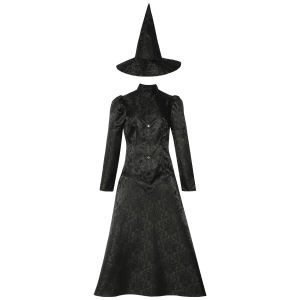 Wicked Cosplay Elphaba Roleplay Costume Printed Dress Hat Outfit Black Dress Witch Halloween Party Suit for Adult Women