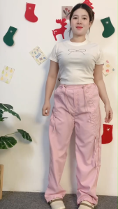 ชุดเซ็ตสตรีทชิคๆ เสื้อแขนสั้นผูกโบว์+กางเกงขากระบอก