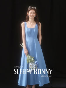 Tencel Blue French Style Long High Waisted A Line Dress
